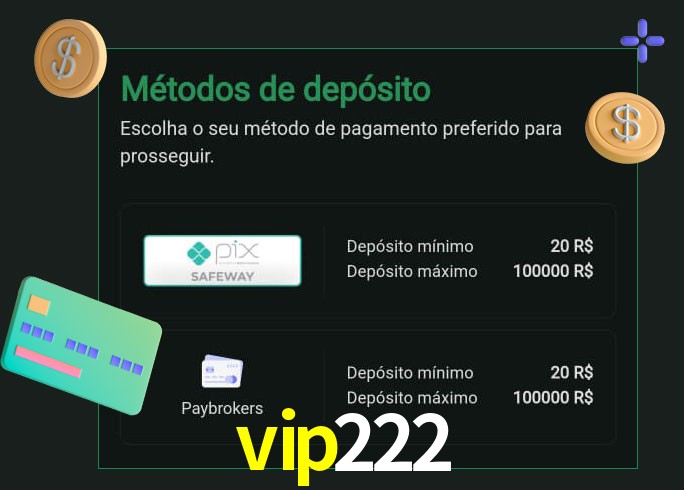 O cassino vip222 oferece uma grande variedade de métodos de pagamento